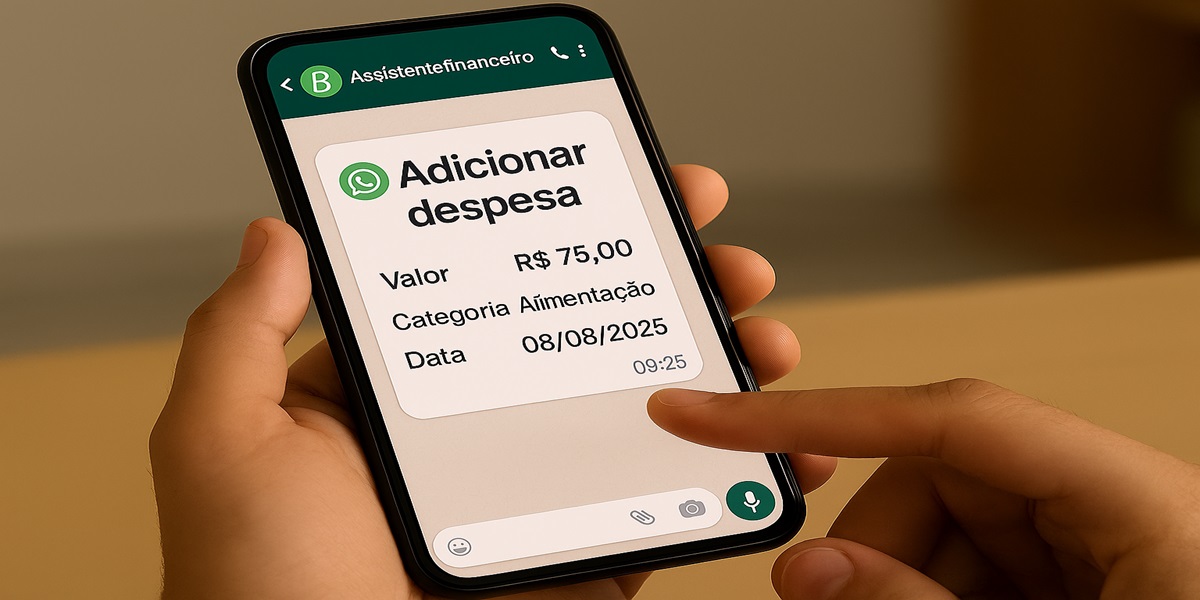 Pessoa usando aplicativo de controle financeiro para registrar despesa de alimentação